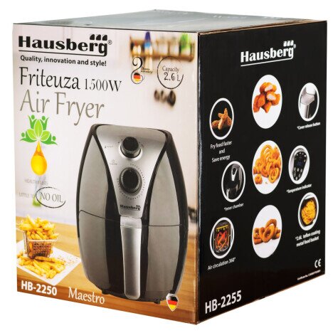 Friteuza Air Fryer Hausberg HB-2250, 1500 W, 2.6 L, Timer, Argintiu/Negru